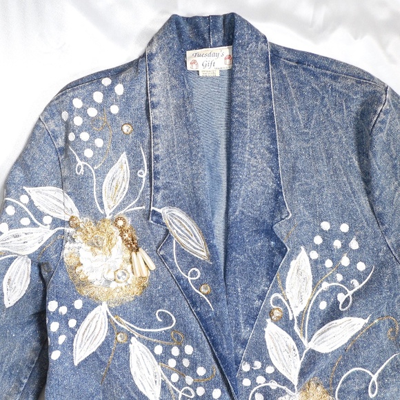 Unique VTG 80s Painted Bejeweled Blue Denim Jacket M L Lace Tuesdays Gift - Picture 9 of 15